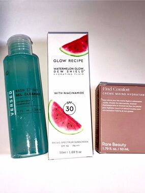 3 PC Beauty Lot: Glow Recipe Sunscreen, Rare Beauty Hand Cream, Versed Cleanser